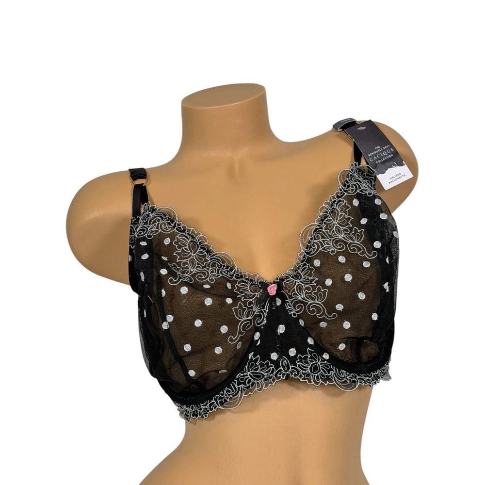 Cacique Seriously‎ Sexy Unlined Balconette Bra 46DD Black White Polka Dot Floral